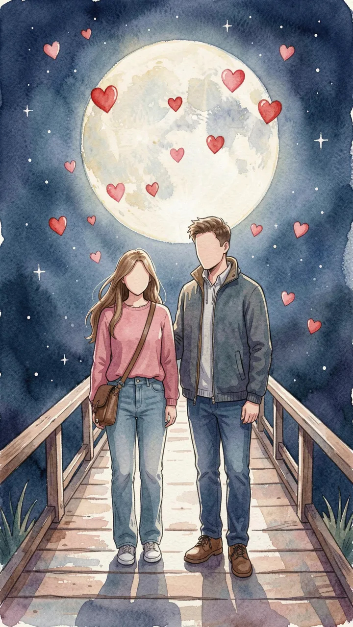 Watercolor illustration of a faceless couple standing on a footbridge under a full moon with floating hearts in the night sky