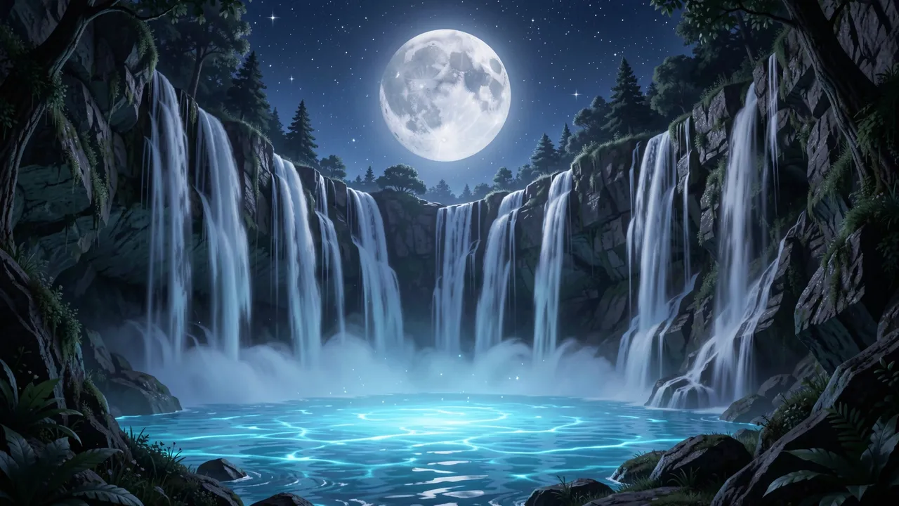 A cascading multi-stream waterfall flows into a glowing blue pool under a bright full moon in a starry night sky