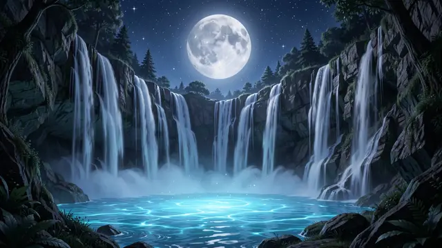 A cascading multi-stream waterfall flows into a glowing blue pool under a bright full moon in a starry night sky
