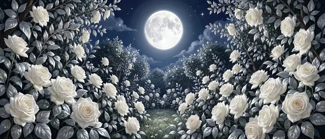 A full moon illuminates a symmetrical garden of white roses and silver leaves under a dark starry sky
