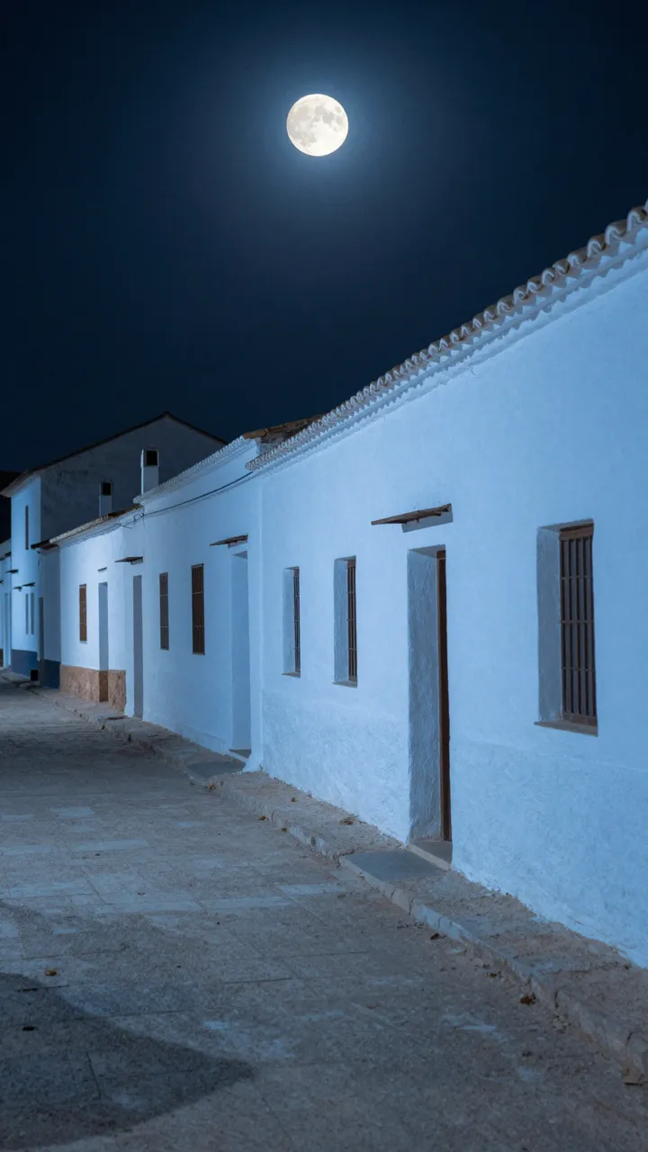 A quiet empty village lane lined with pale glowing whitewashed houses under a bright full moon at night