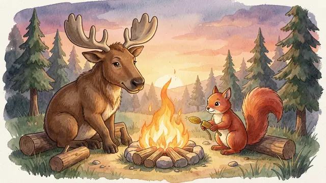 Watercolor illustration of a moose and red squirrel sharing roasted corn around a forest campfire at dusk