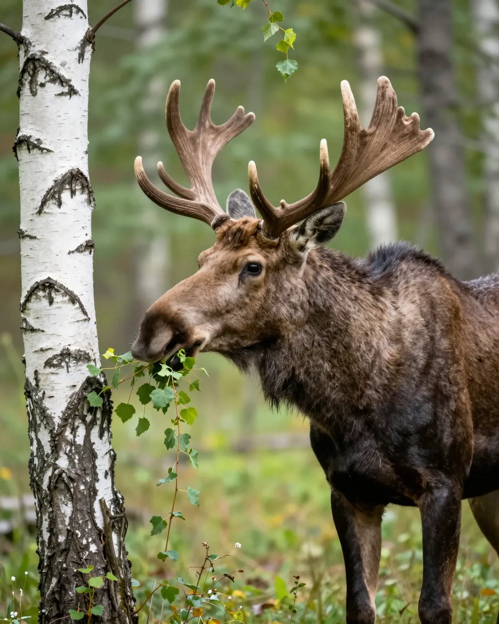 A bull moose with large antlers feeds on birch tree leaves in a green summer forest.