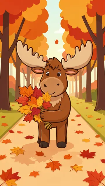 Cute cartoon moose stands on a forest path holding a bouquet of colorful fall maple leaves
