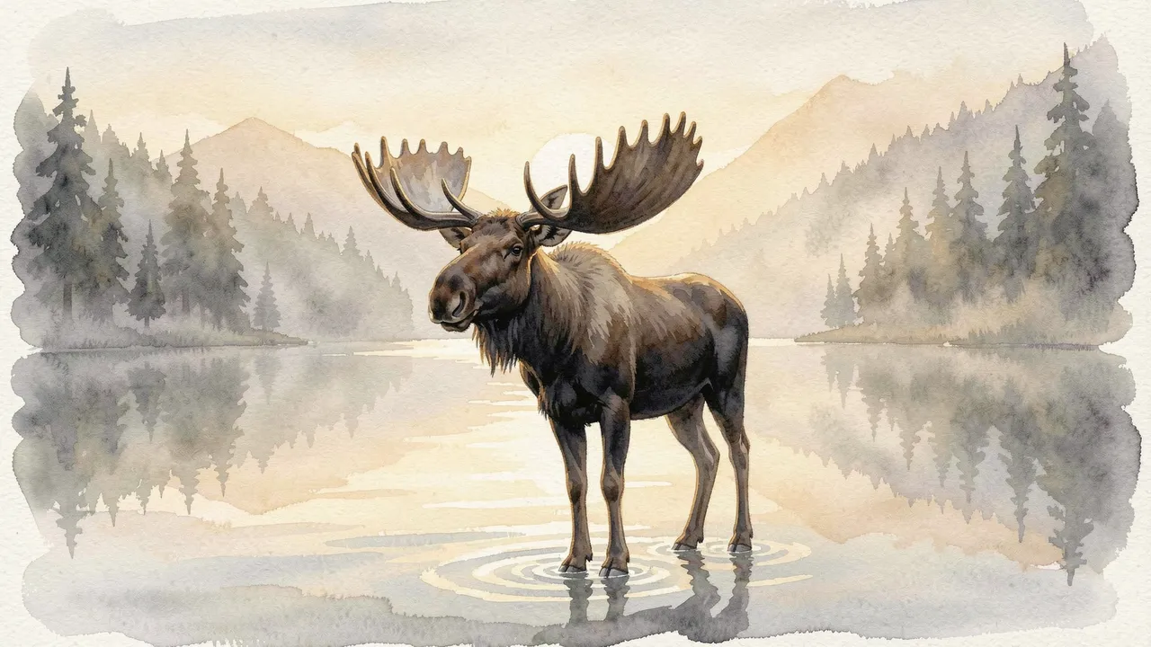 Watercolor painting of a bull moose standing in a calm misty northern lake at dawn
