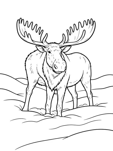 Bold black and white line art of a moose standing in deep snow for a coloring page
