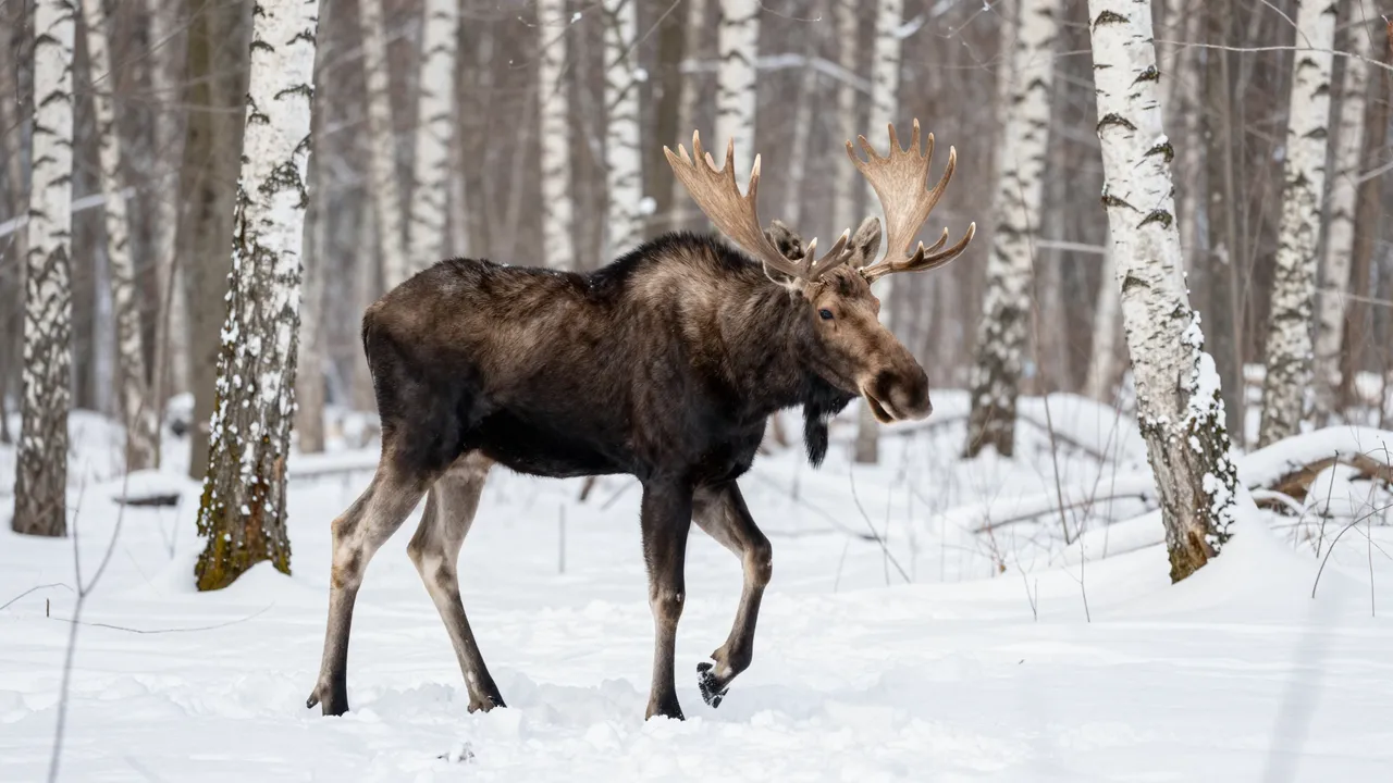 A bull moose with large antlers walks through deep snow in a winter birch forest.