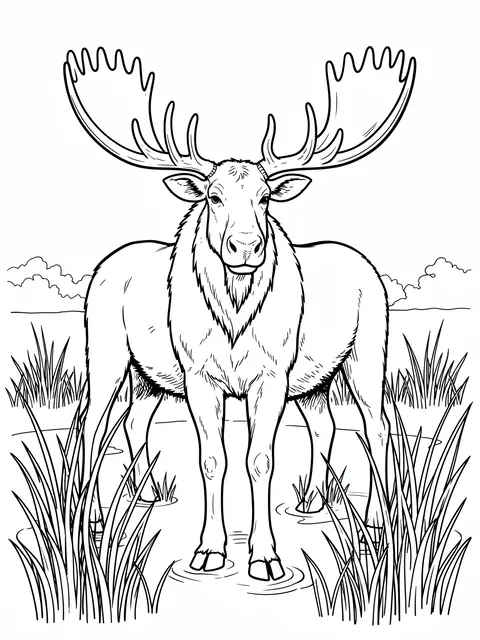 Black and white line art of a moose with broad antlers standing in shallow marsh water surrounded by tall grass