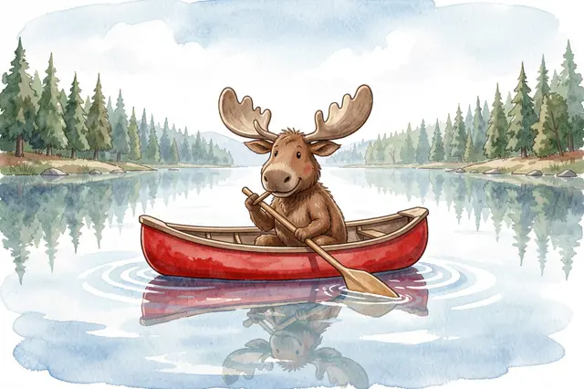 A cute cartoon moose rows a red canoe across a calm forest lake in soft watercolor style