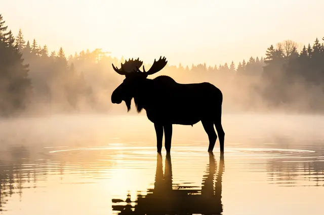 Black moose silhouette standing in rippled misty lake water against pale gold sunrise and treeline