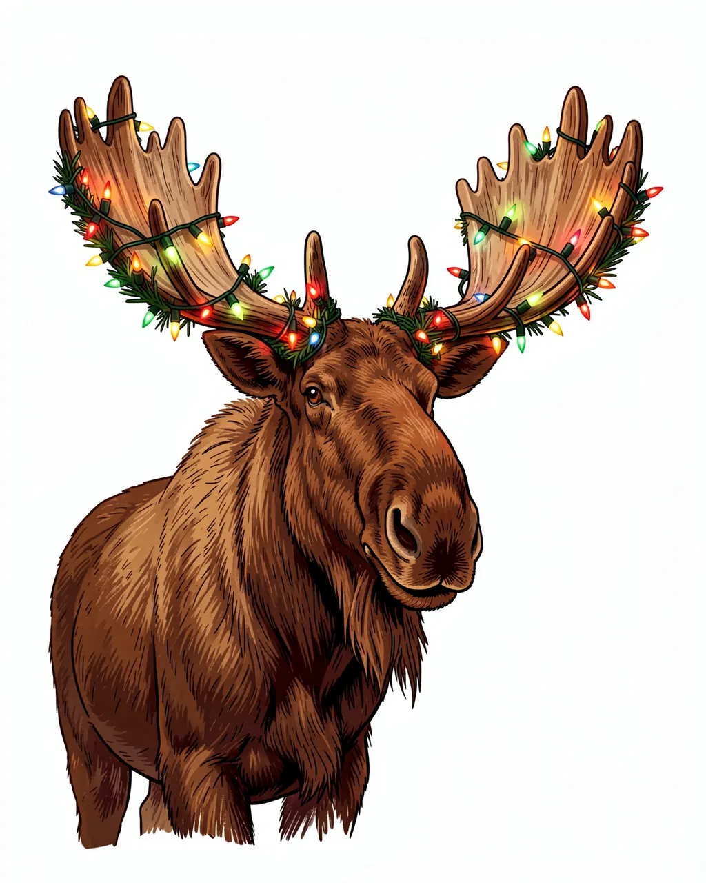 Storybook illustration of a brown moose with colorful Christmas lights wrapped around its antlers, on a plain white