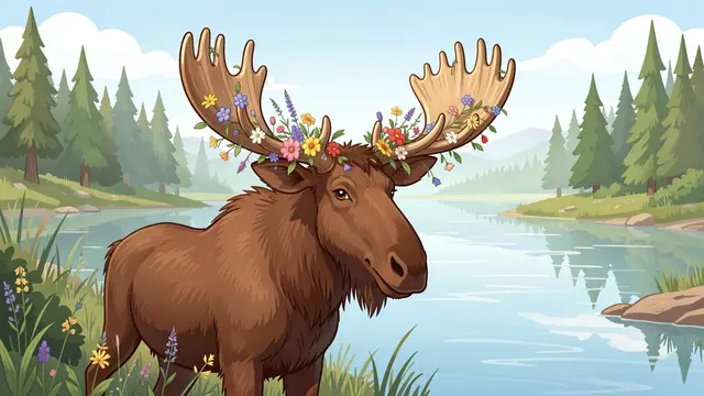 A cute illustrated moose stands by a calm lake with colorful wildflowers woven into its antlers