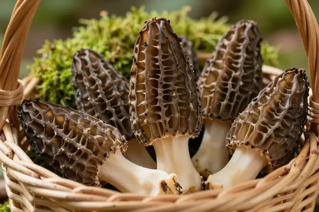 Fresh morel mushrooms rest in a wicker basket lined with green moss.