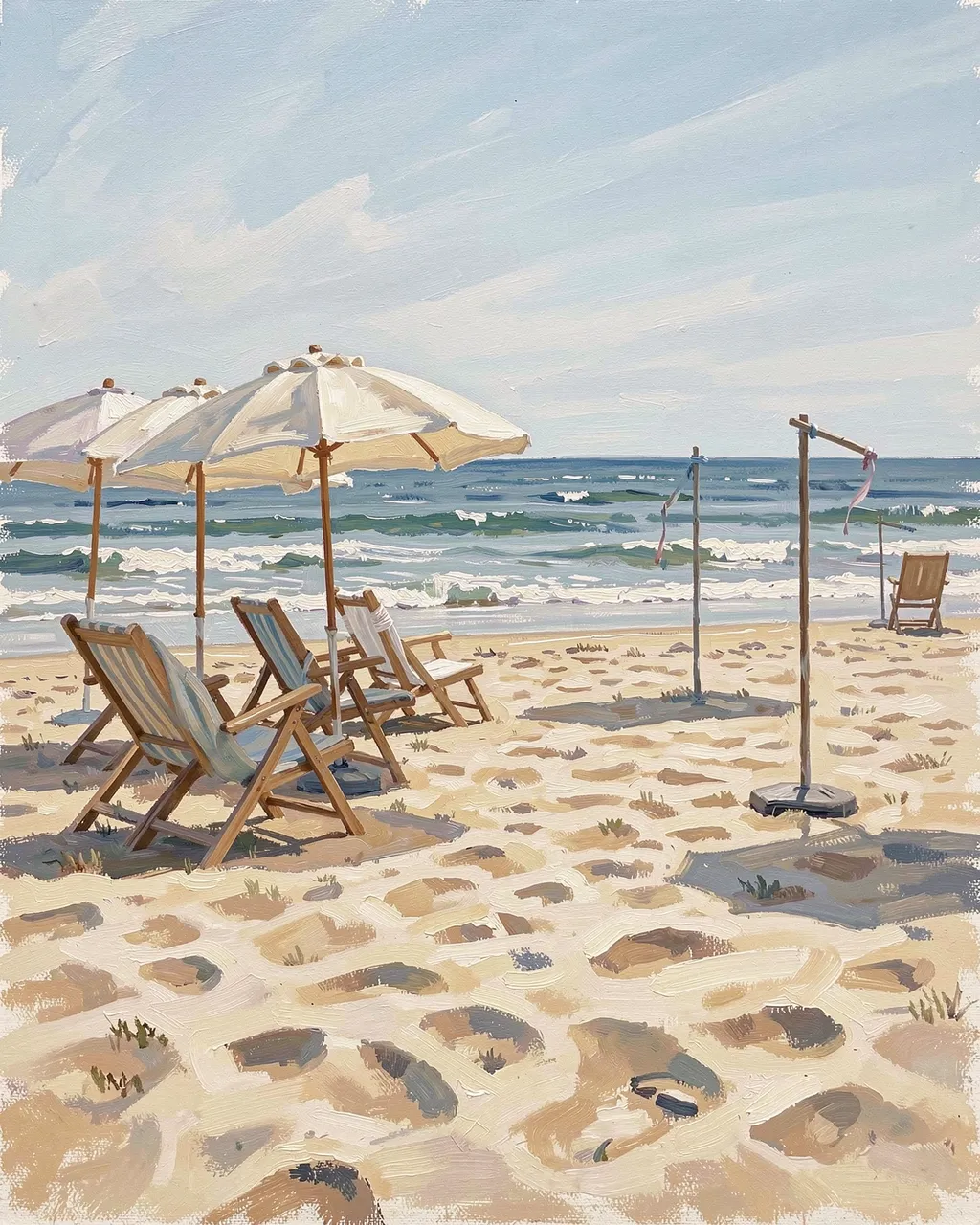 Plein air oil sketch of empty beach chairs and umbrellas on a quiet sunlit morning shoreline