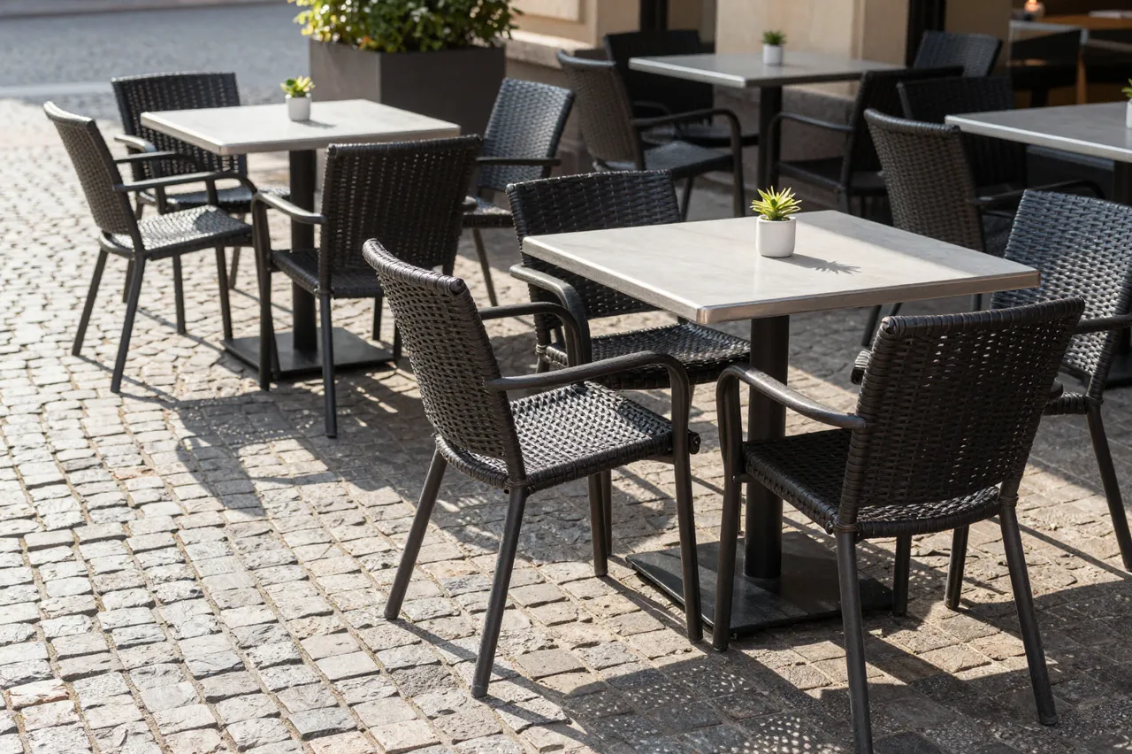 Empty outdoor cafe tables with small succulents sit on a sunlit cobblestone square at morning