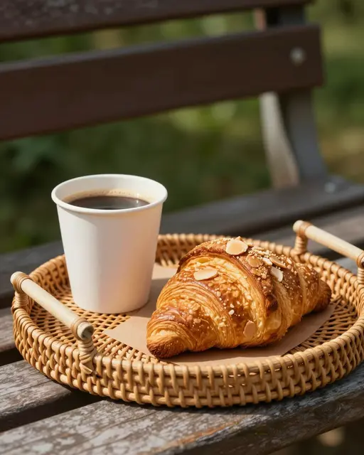 A wicker tray holding a disposable coffee cup and almond croissant rests on a wooden garden bench in bright morning sun