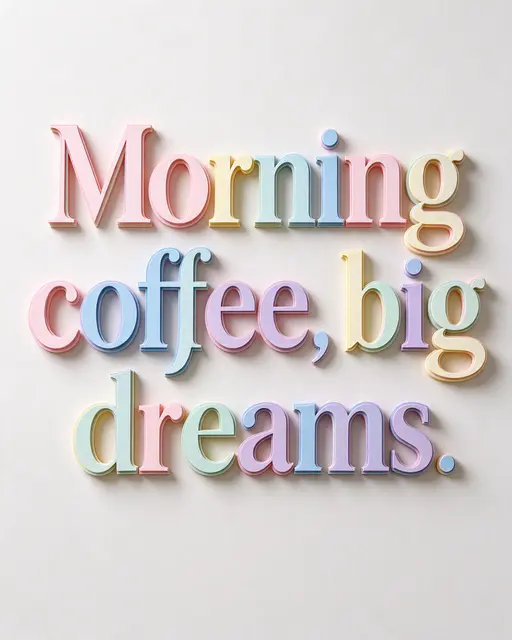 Layered pastel paper cut-out lettering spelling "Morning coffee, big dreams." casts soft shadows on a pale neutral background