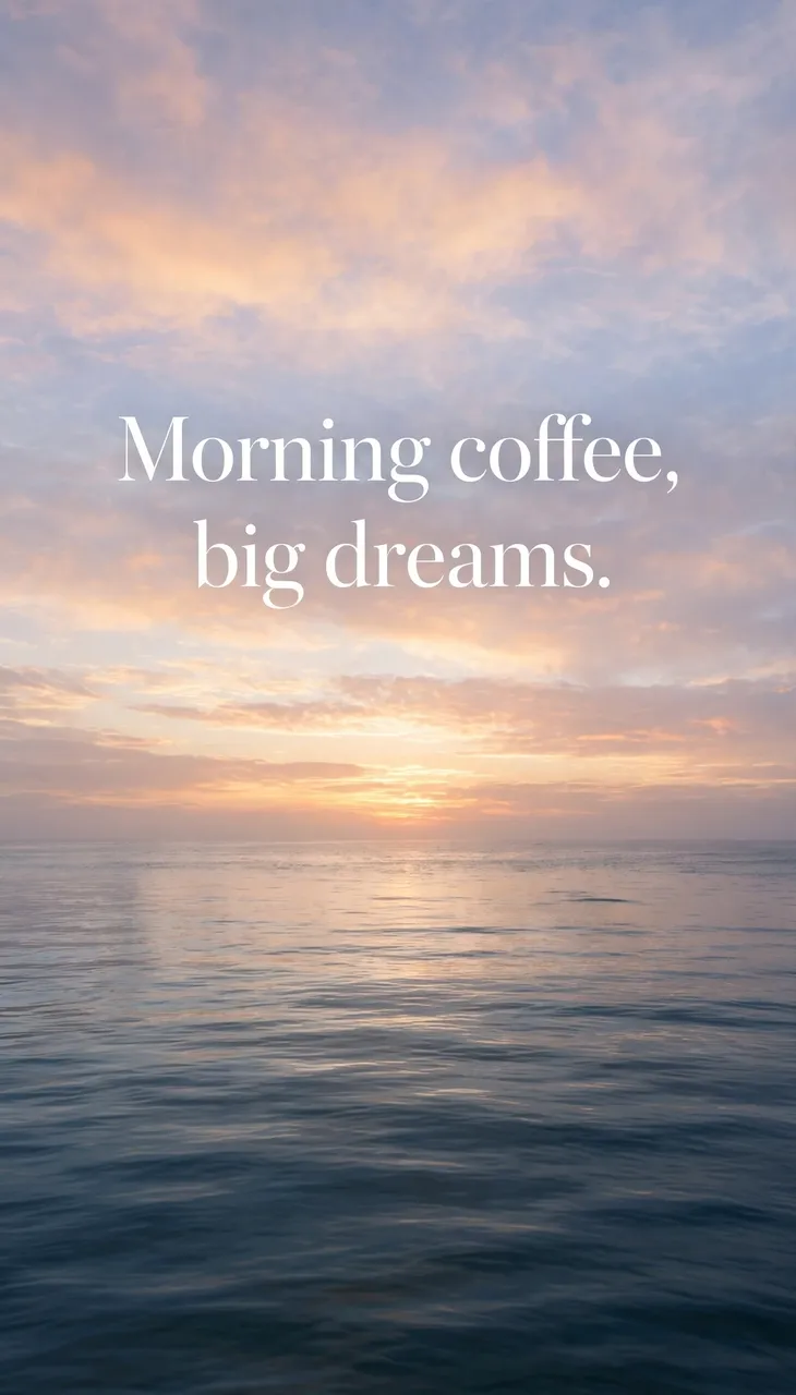 Soft sunrise over a calm ocean with centered text reading "Morning coffee, big dreams."
