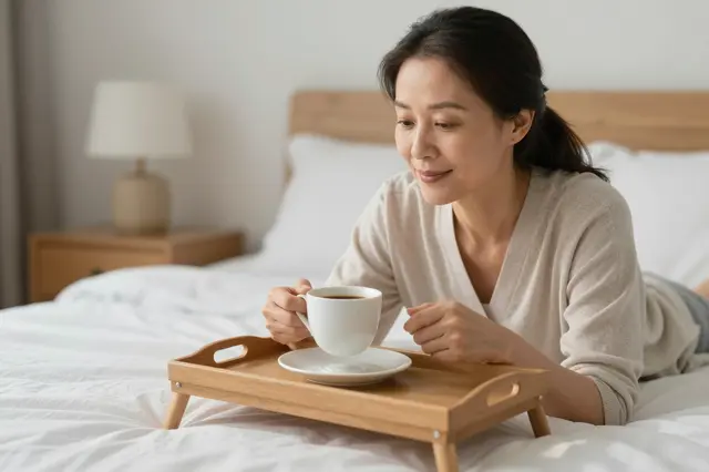A middle aged East Asian woman enjoys coffee from a wooden tray while lying in bed in soft morning light