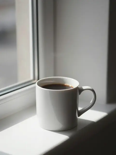 A white ceramic mug of black coffee rests on a sunlit windowsill beside a window, with soft morning sunlight casting gentle