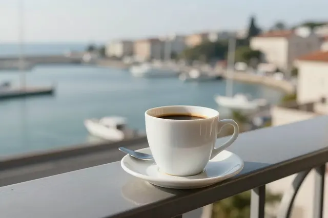 A white coffee cup on a saucer rests on a balcony railing overlooking a sunlit calm harbor with boats and coastal buildings.