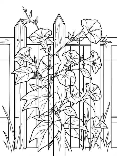 Black and white bold line art of climbing morning glories growing on a wooden picket fence for a coloring page