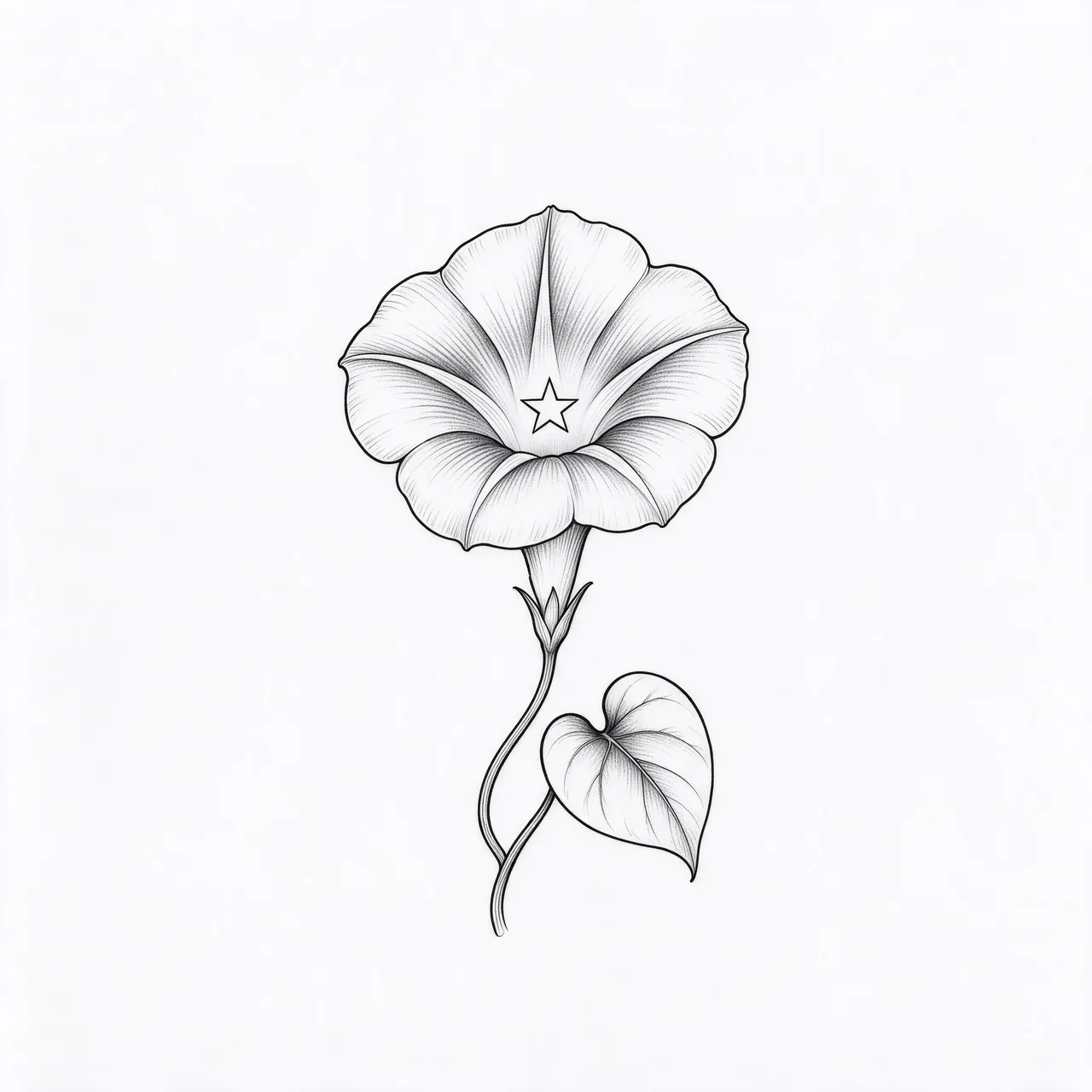Delicate black ink line art of a face-on morning glory with a star center and heart leaf on white paper