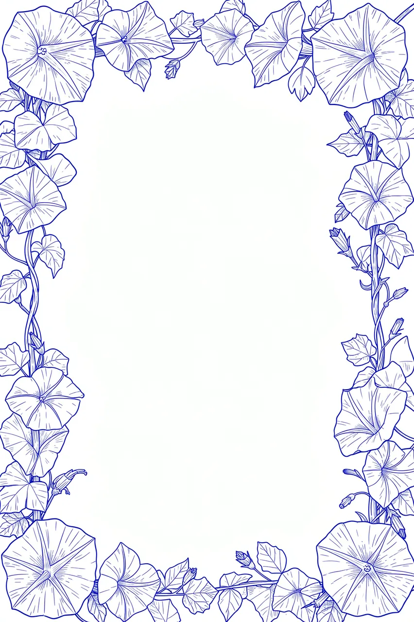 Blue ink line art of climbing morning glory vines forming a border around empty white page space