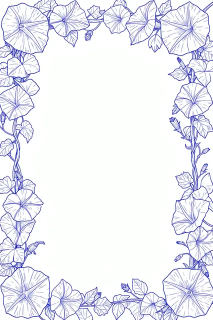 Blue ink line art of climbing morning glory vines forming a border around empty white page space