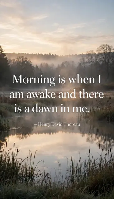 Vertical wallpaper with misty dawn pond background and quote text: "Morning is when I am awake and there is a dawn in me.