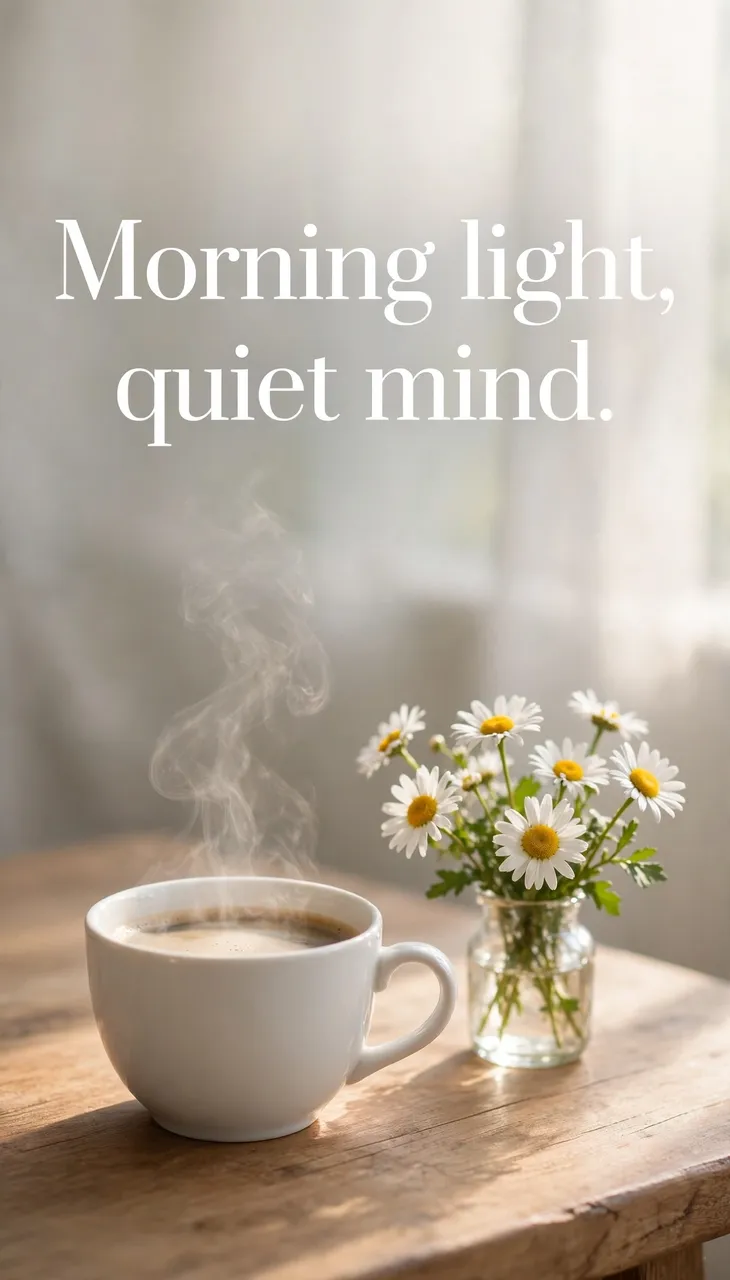 Warm morning light falls on a steaming white coffee cup and daisy vase with the quote "Morning light, quiet mind." above