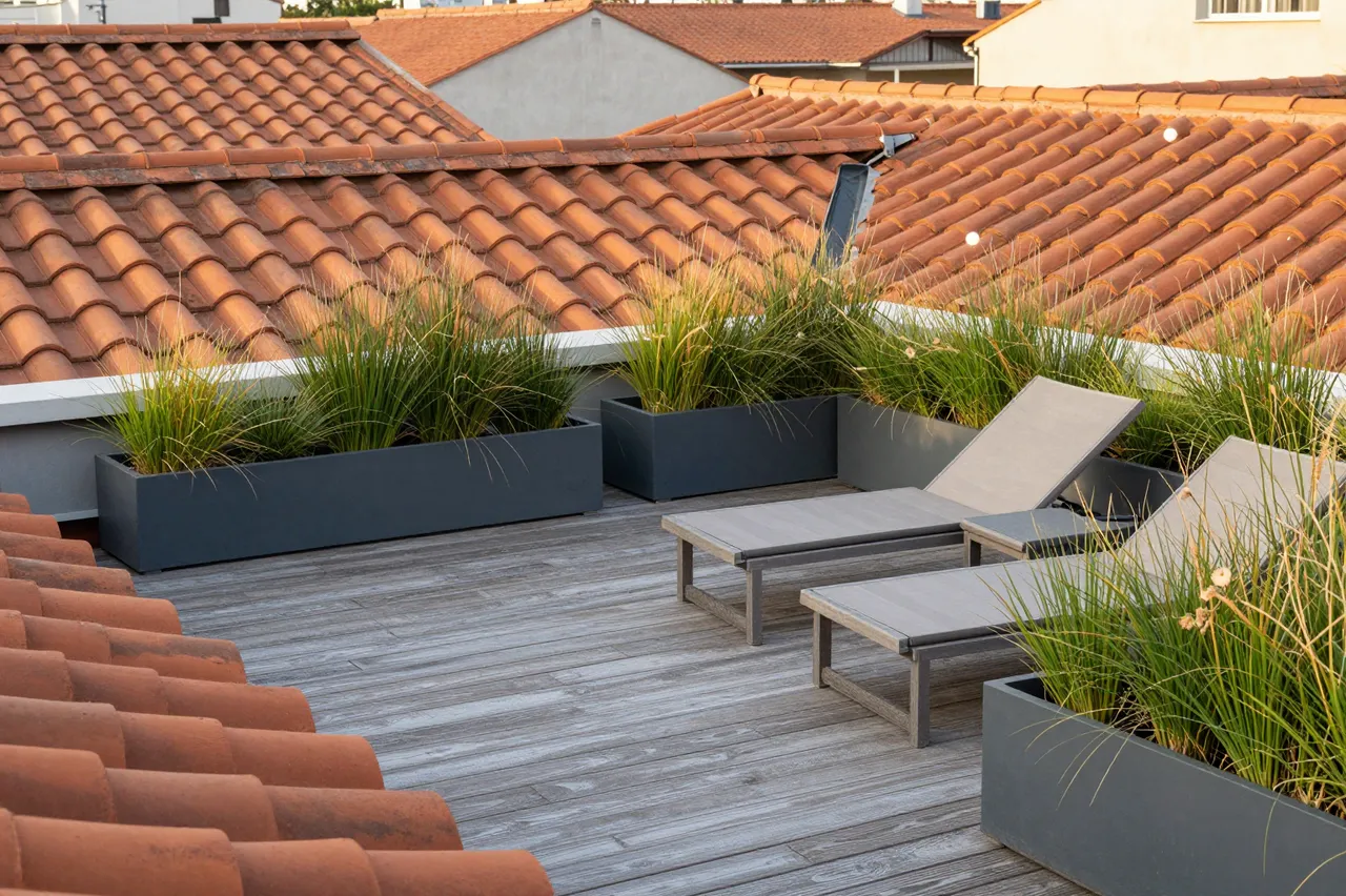 Wooden rooftop terrace with lounge chairs and grass planters overlooking terracotta rooftops at morning