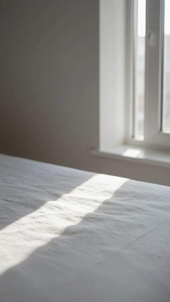 Soft vertical strip of morning sunlight falls across a rumpled bed next to a bright bedroom window