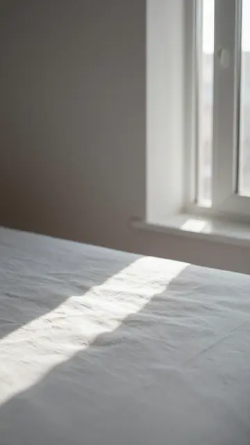 Soft vertical strip of morning sunlight falls across a rumpled bed next to a bright bedroom window