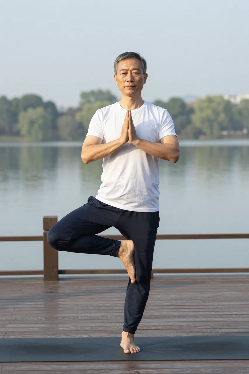 Mature East Asian man holds tree pose on a yoga mat on a wooden deck beside a calm lake at dawn