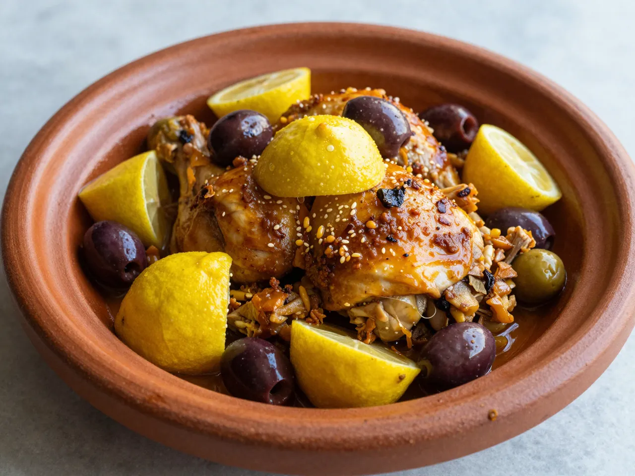 Terracotta tagine bowl holds braised chicken with olives and lemon wedges on a light countertop