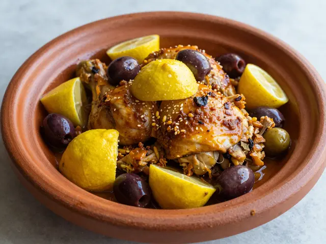 Terracotta tagine bowl holds braised chicken with olives and lemon wedges on a light countertop
