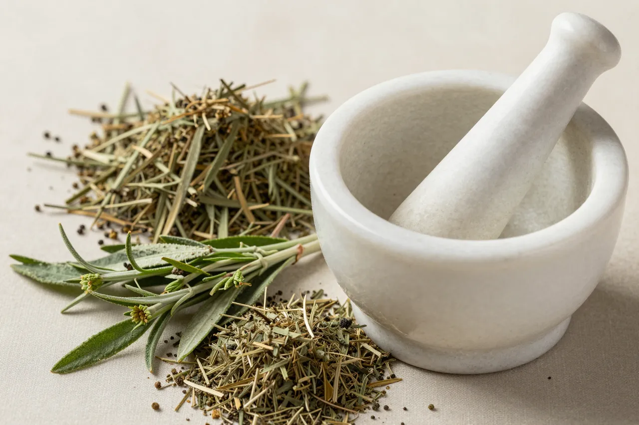 White marble mortar and pestle sit alongside fresh and dried medicinal herbs on a neutral light beige surface.