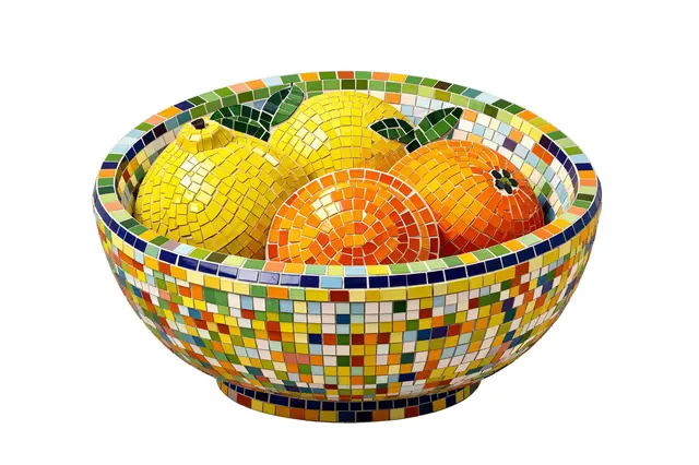 A colorful glass tile mosaic fruit bowl holding mosaic lemons and oranges on a plain white background