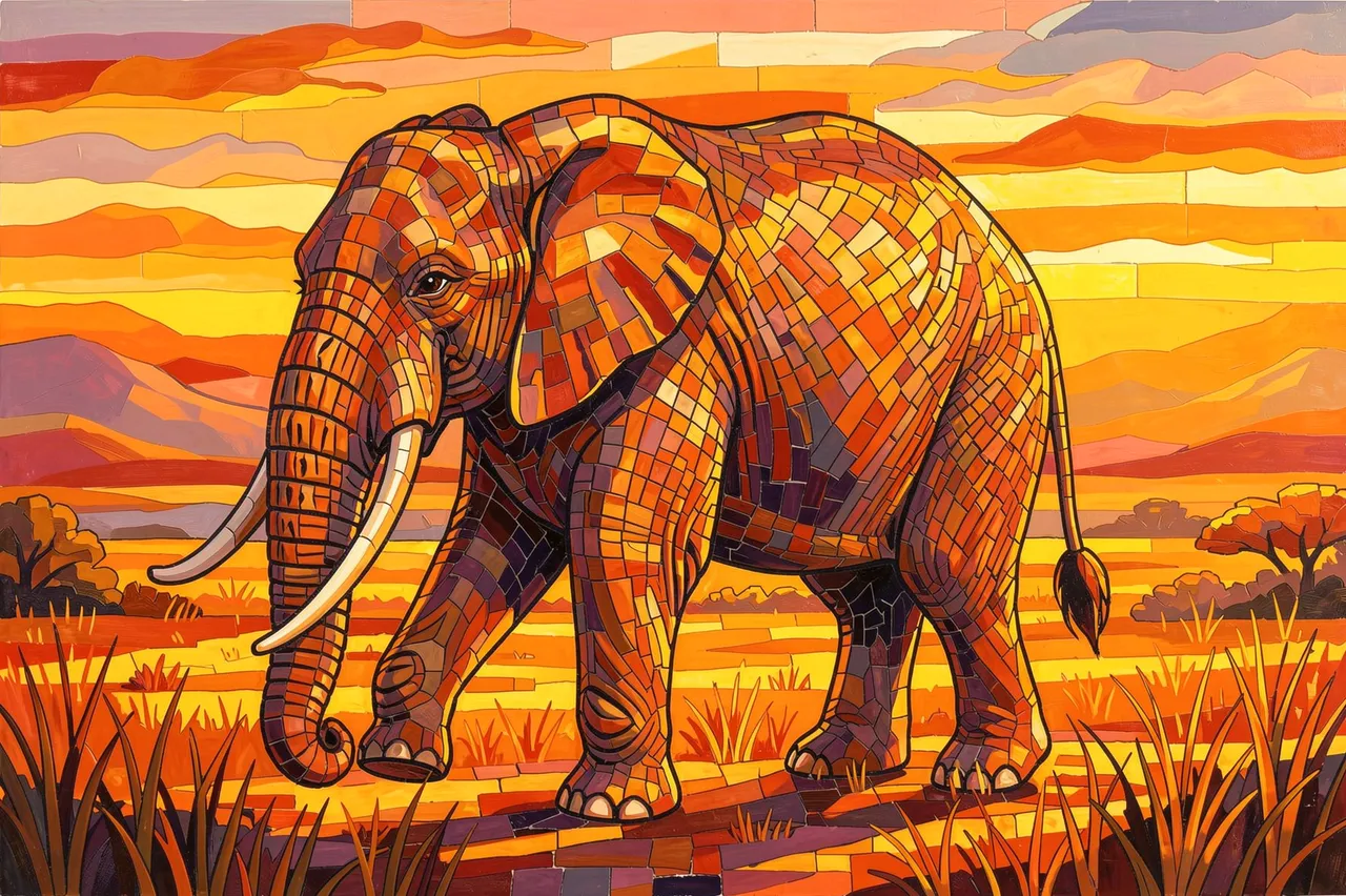 Stained glass style mosaic artwork of an elephant walking across a sunlit savanna at warm sunset
