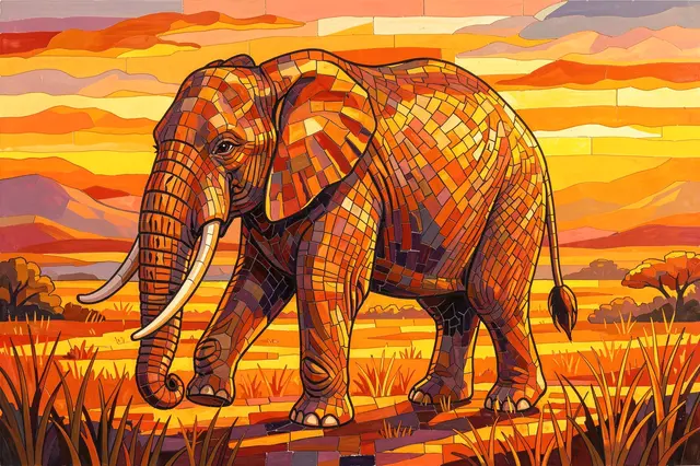 Stained glass style mosaic artwork of an elephant walking across a sunlit savanna at warm sunset
