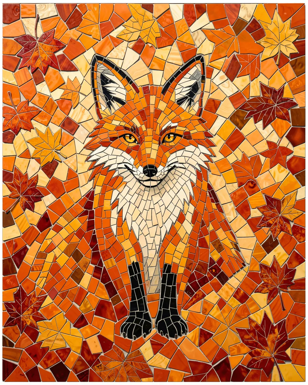 Stained glass mosaic artwork of a red fox surrounded by fall maple leaves in warm orange tones