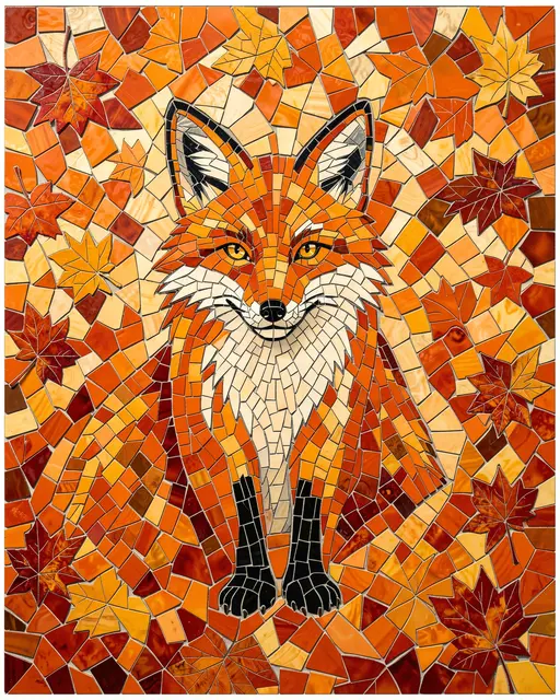 Stained glass mosaic artwork of a red fox surrounded by fall maple leaves in warm orange tones