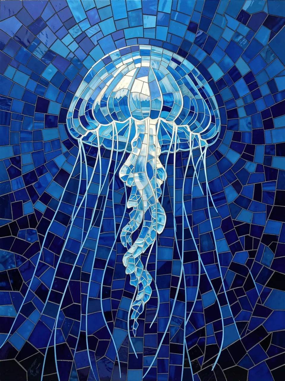 Stained glass mosaic art of a glowing jellyfish set against deep blue tiled water
