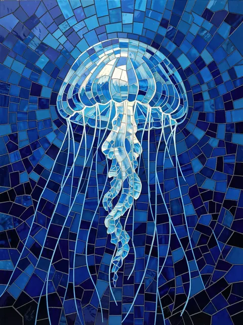 Stained glass mosaic art of a glowing jellyfish set against deep blue tiled water
