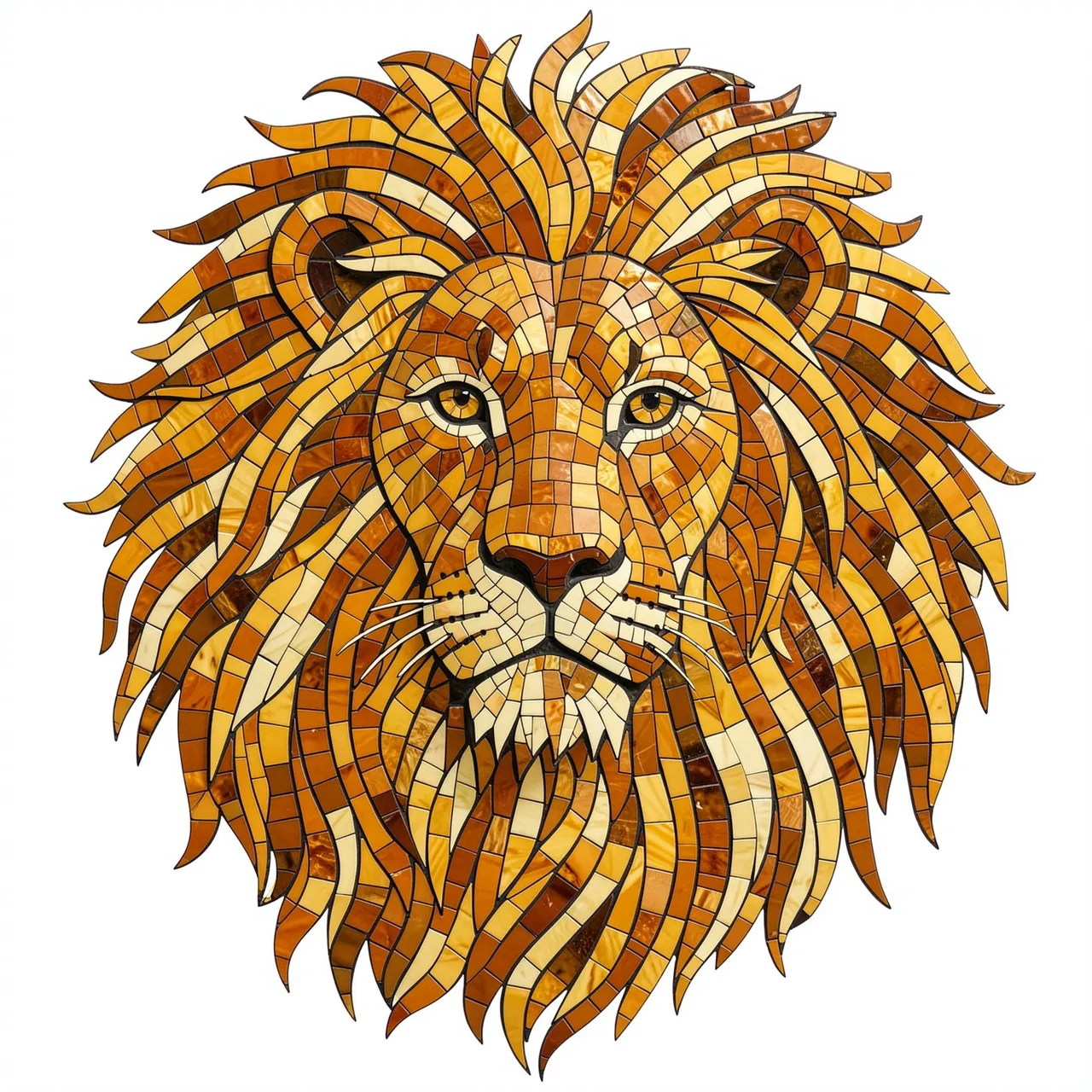 Stained glass mosaic portrait of a lion's head with a flowing tiled mane against a plain white background