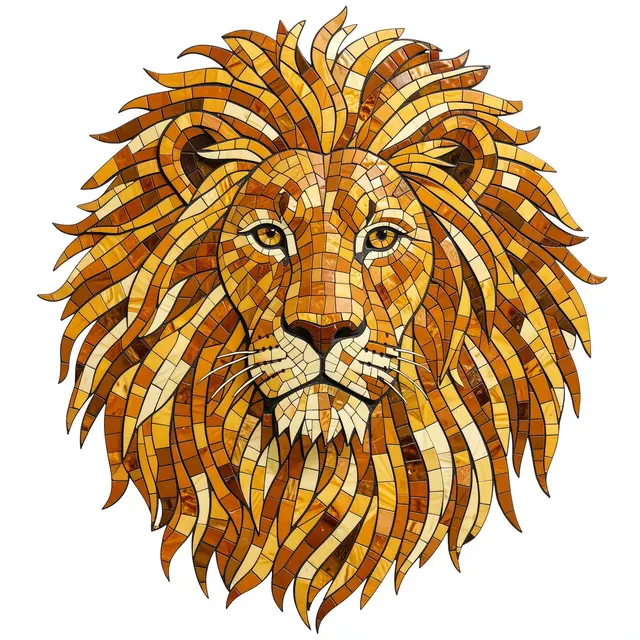 Stained glass mosaic portrait of a lion's head with a flowing tiled mane against a plain white background