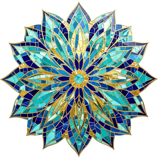 Symmetrical radiating mosaic mandala made of cobalt, turquoise, and gold tile pieces on a plain white background