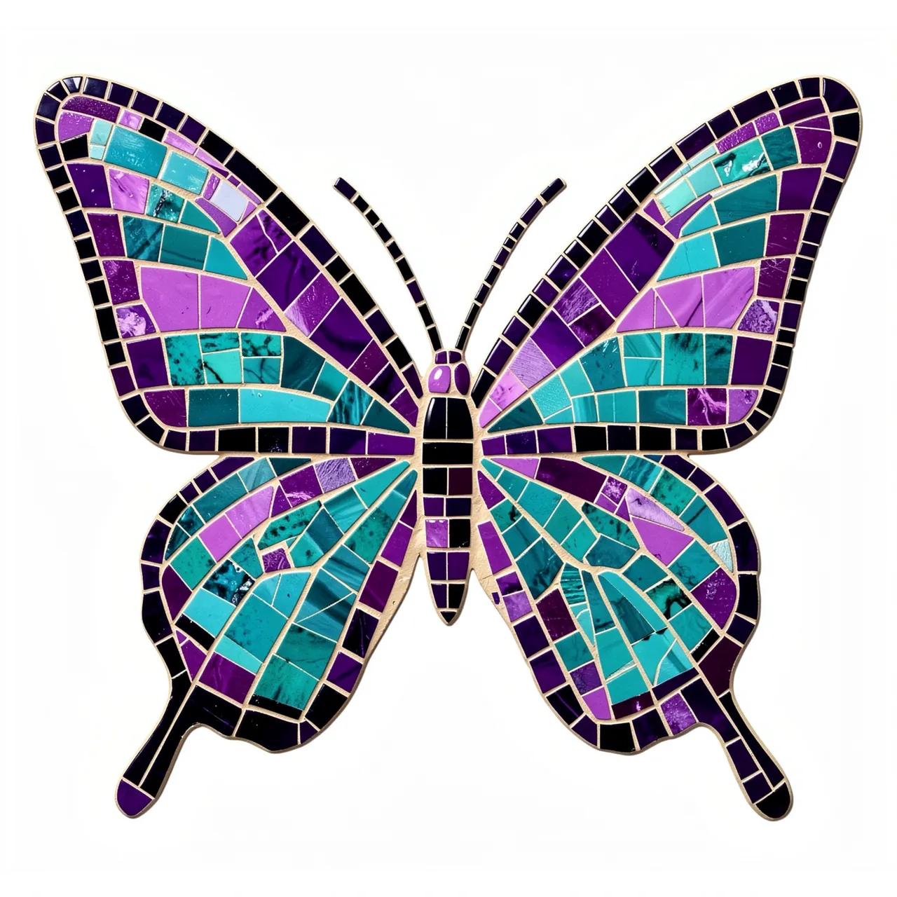 Symmetrical butterfly crafted from violet and teal mosaic tiles set against a plain white background