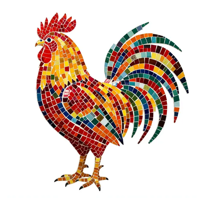 Colorful tile mosaic of a red rooster with a sweeping curved tail on a plain white background